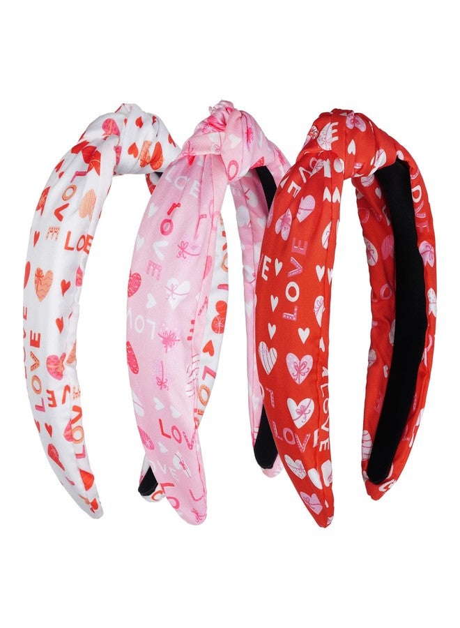 Sucrain 3pcs Valentine Headband Printed LOVE Red Heart Knotted Head Band Valentine’s Day Knotted Hairband for Women Girls Valentine Party Gifts - Image 1